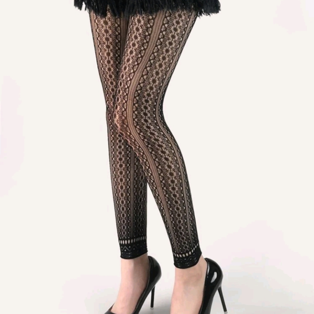 Black Flower Patterend Footless Fishnet Stockings, Tights, Hoisery